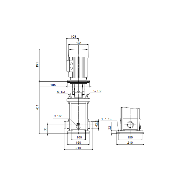Вертикальный многоступенчатый центробежный насос Grundfos CRN 1-11 A-P-A-V-HQQV артикул 96516517 – габаритный чертеж