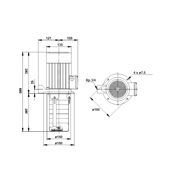 Полупогружной насос Grundfos MTH4-80/2 A-W-A-AUUV артикул 44643282 – габаритный чертеж