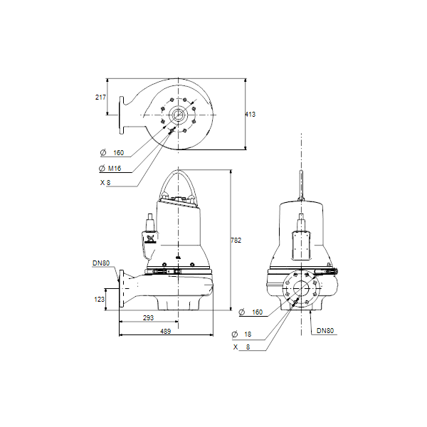Погружной канализационный насос Grundfos SLV.80.80.110.A.2.51D.C артикул 98626265 – габаритный чертеж