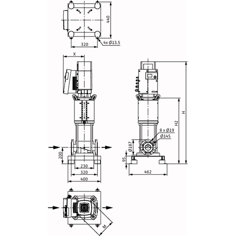 Габаритный чертеж насоса Wilo HELIX EXCEL 3602-7.5-1/16/E/KS