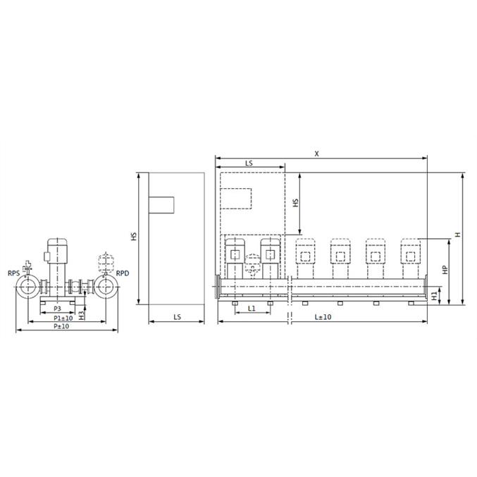 Габаритный чертеж насосной станции Wilo COR-3 HELIX V 1008/Skw-EB-R