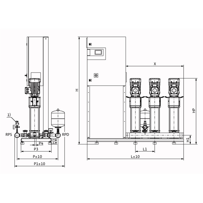Габаритный чертеж насосной станции Wilo COR-3 HELIX V 611/CC-EB-R