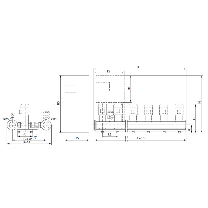 Габаритный чертеж насосной станции Wilo COR-4 HELIX V 1603/Skw-EB-R