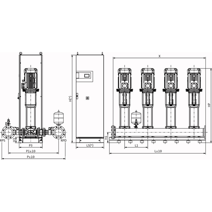 Габаритный чертеж насосной станции Wilo COR-4 HELIX V 3604/2/SKw-EB-R