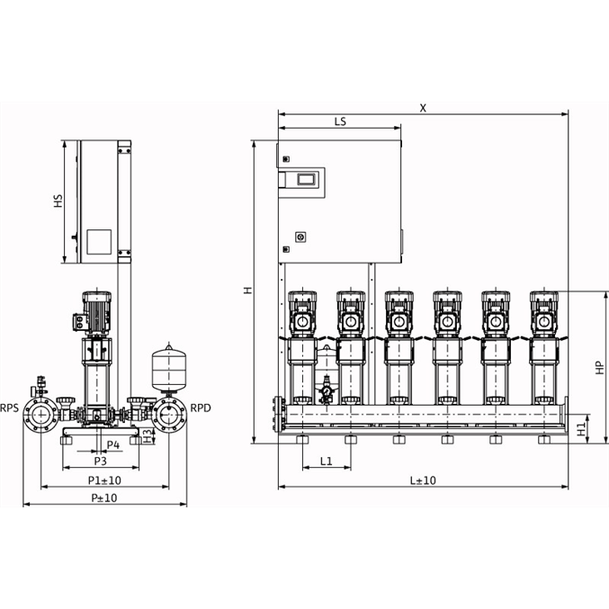 Габаритный чертеж насосной станции Wilo COR-6 HELIX V 1013/CC-EB-R