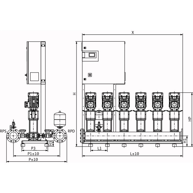 Габаритный чертеж насосной станции Wilo COR-6 HELIX V 1605/CC-EB-R